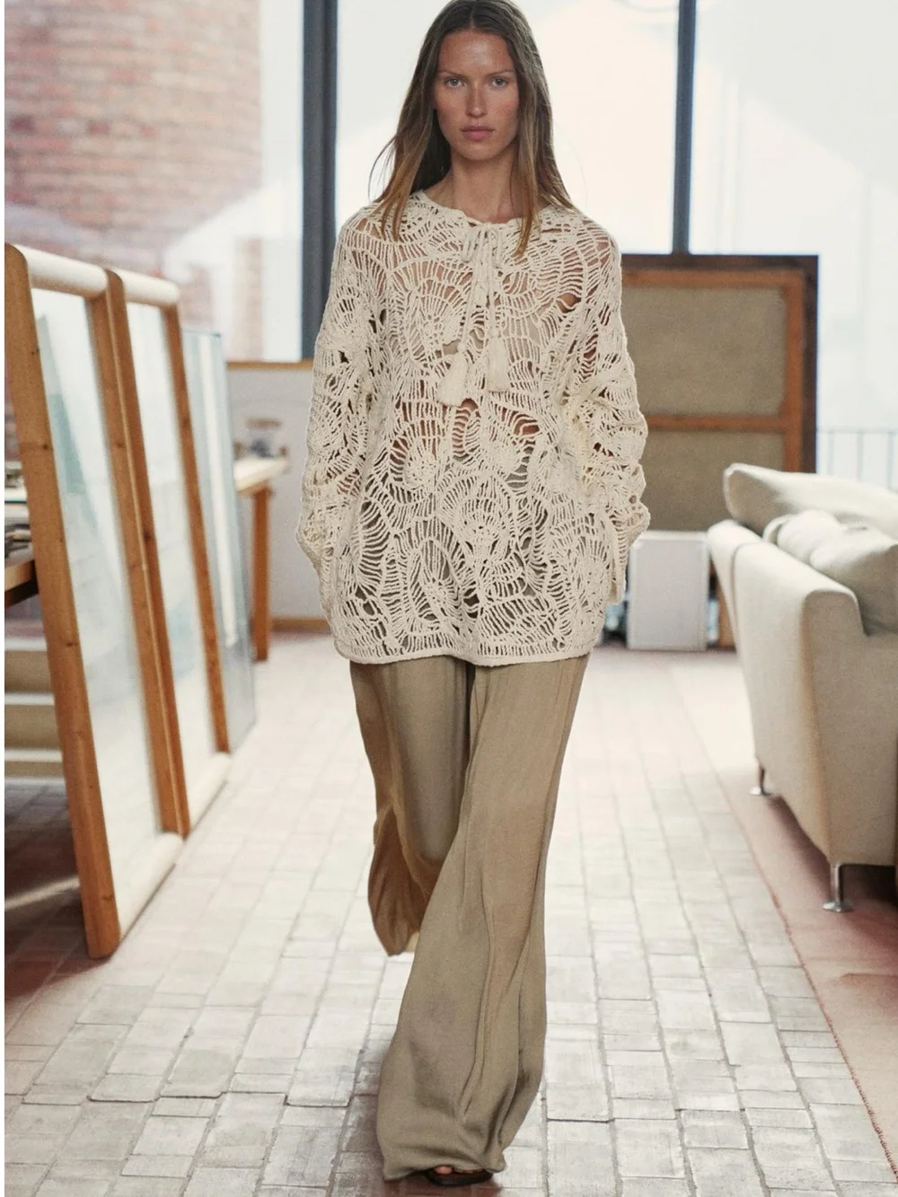 Zara Open-Knit Tassel Dress in Ecru features a distinct crochet pattern
